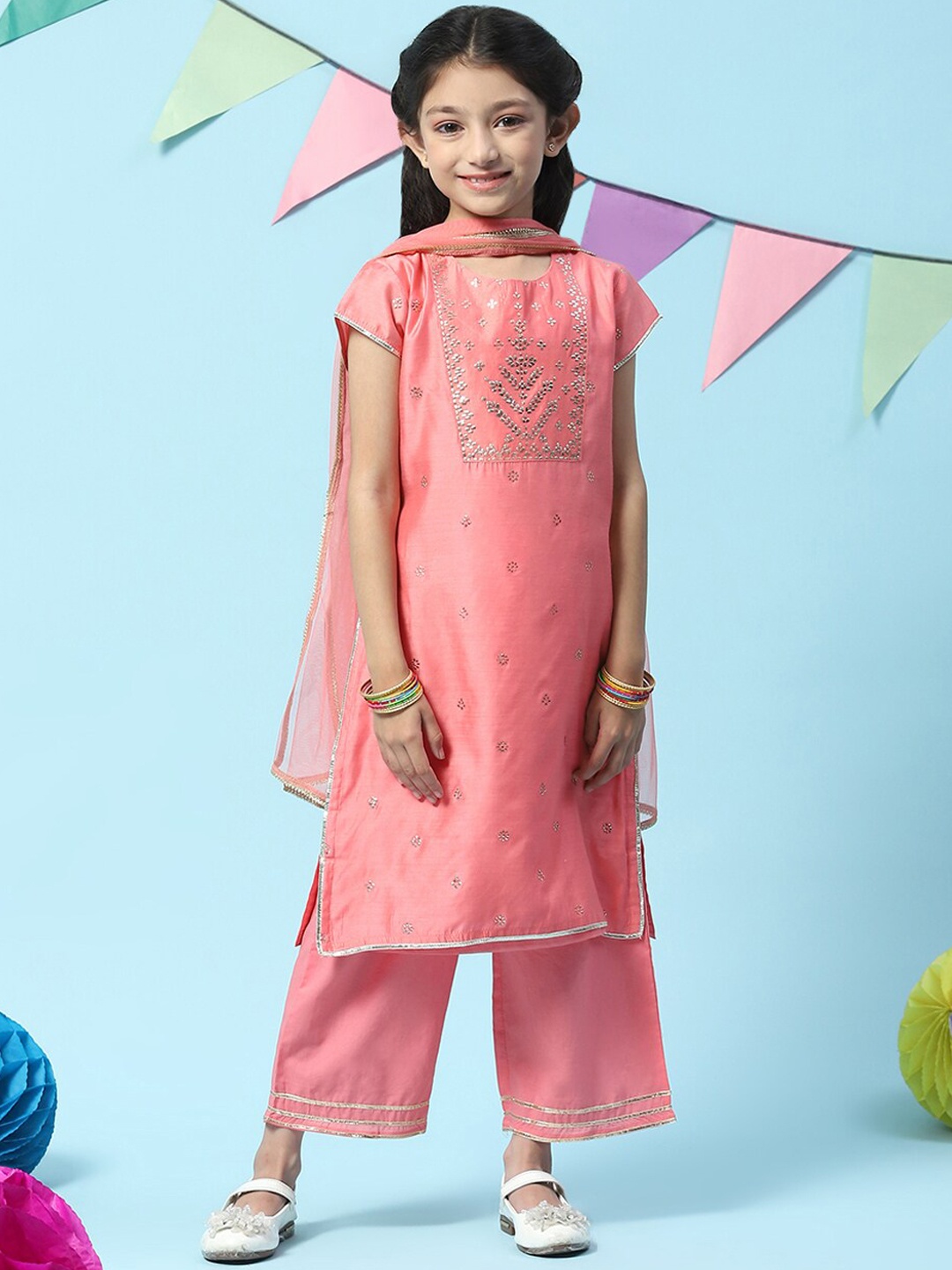 

Biba Girls Ethnic Motifs Embroidered Sequined Kurta with Palazzos & Dupatta, Pink