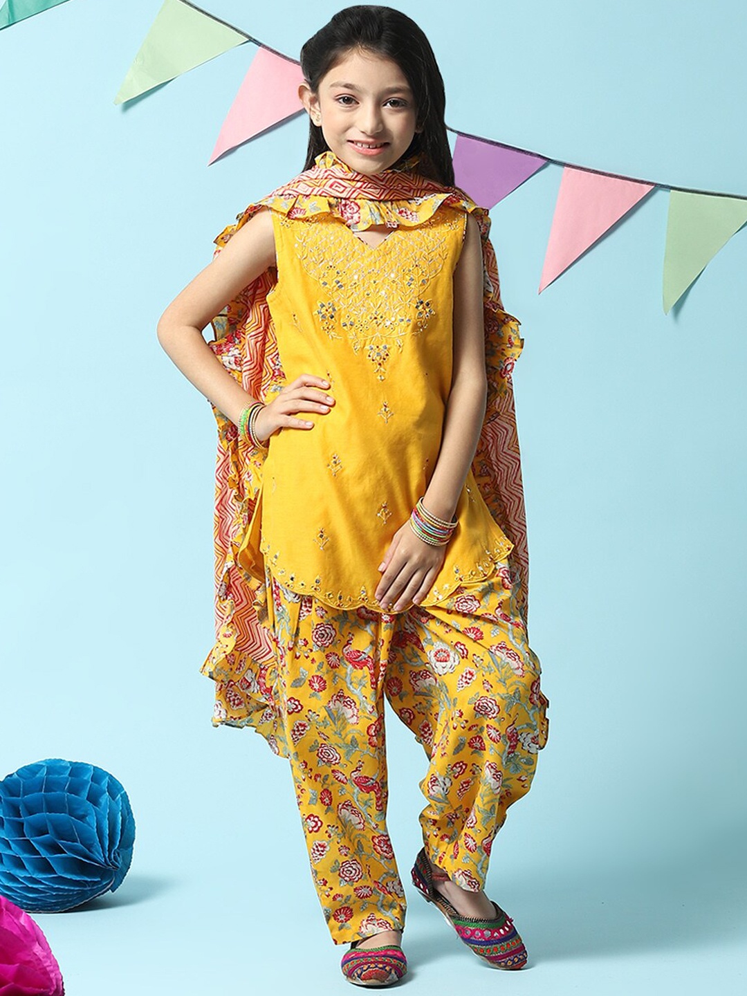 

Biba Girls Floral Embroidered Mirror Work Kurta with Salwar & Dupatta, Mustard