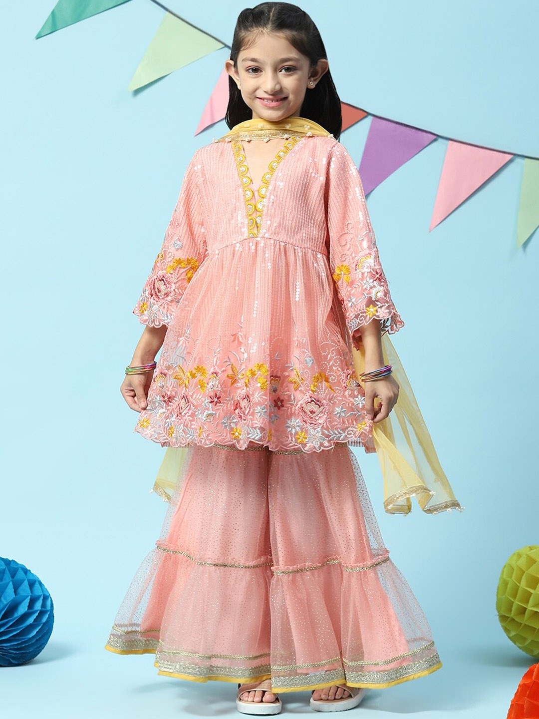 

Biba Girls Floral Embroidered Sequined Kurta with Sharara & Dupatta, Peach