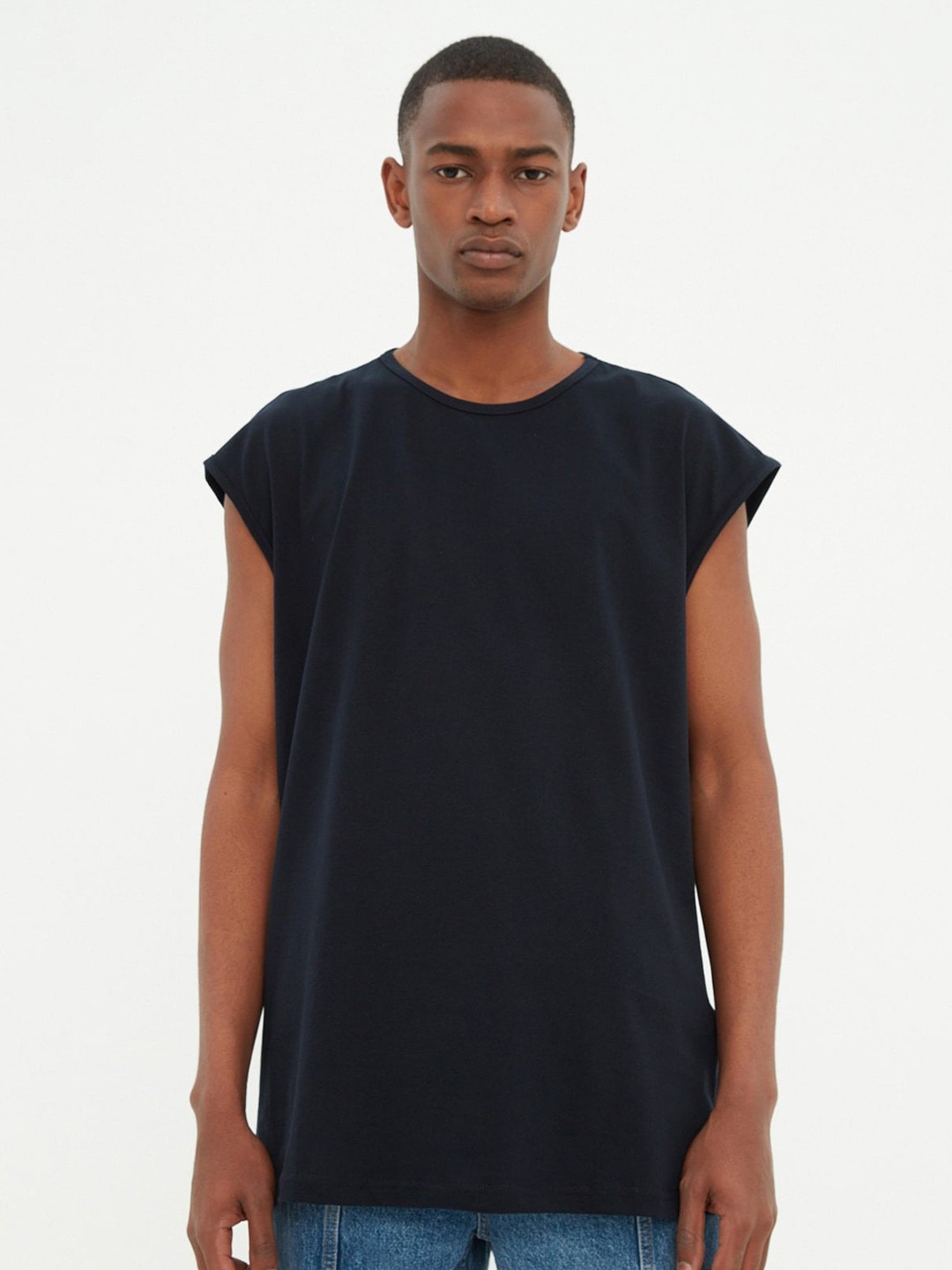 

Trendyol Sleeveless Pure Cotton Relaxed Fit T-shirt, Navy blue