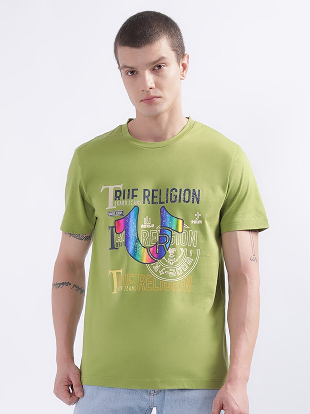 True Religion Graphic Printed Short Sleeves Pure Cotton T-shirt, Green