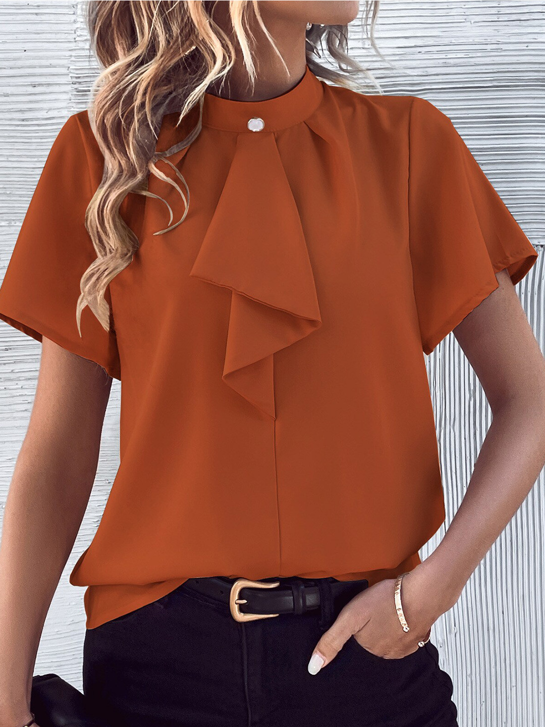 

BoStreet Orange Round Neck Ruffles Top