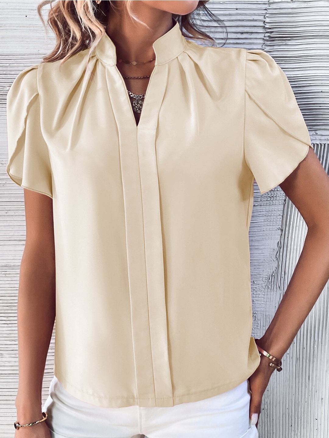 

BoStreet Beige Mandarin Collar Woven Shirt Style Top