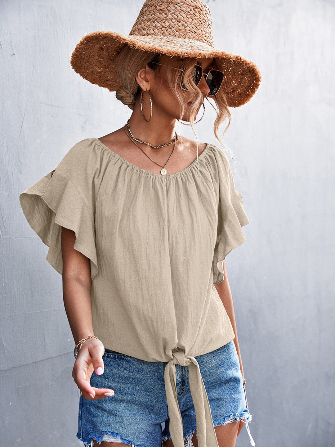 

BoStreet Beige Flutter Sleeve Regular Top