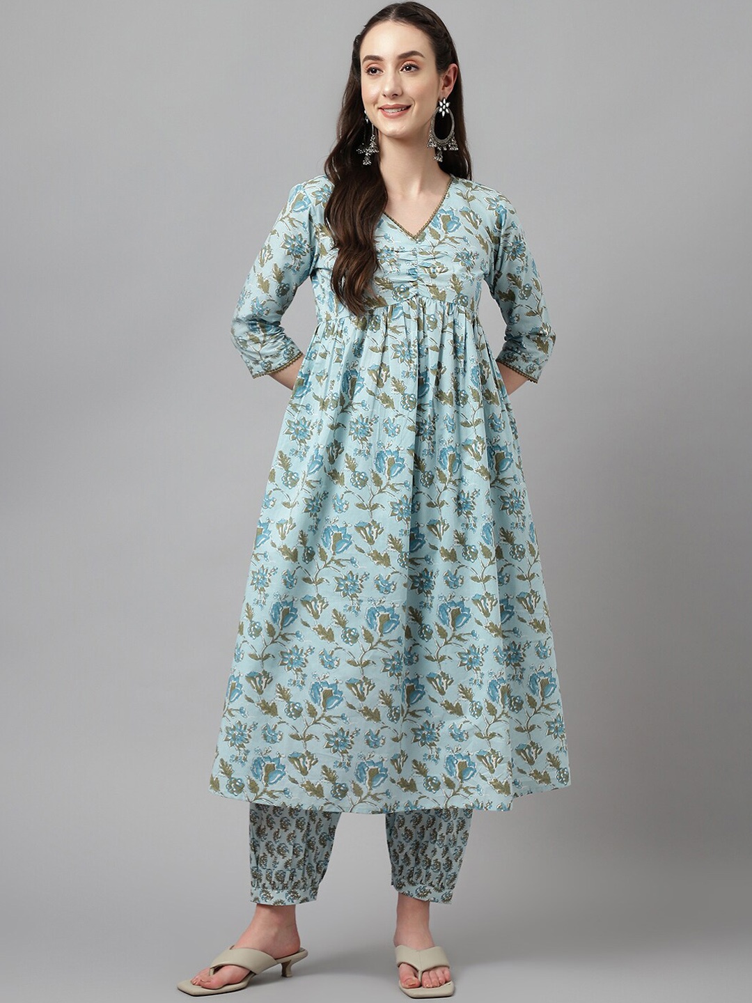 

FIORRA Floral Printed Regular Pure Cotton A-Line Kurta with Trousers, Blue