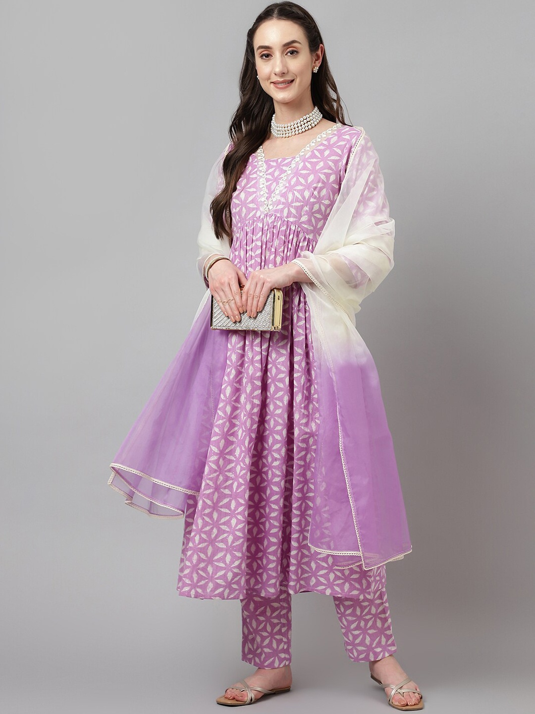 

FIORRA Floral Printed Pure Cotton Kurta With Trousers & Dupatta, Lavender