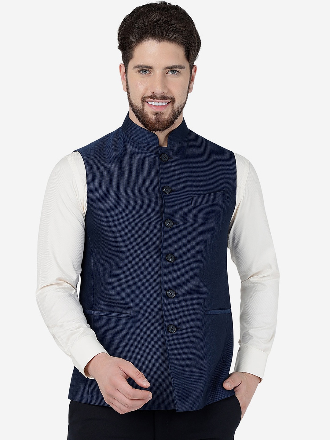 

MODI JACKET Men Woven Design Mandarin Collar Nehru Jackets, Blue