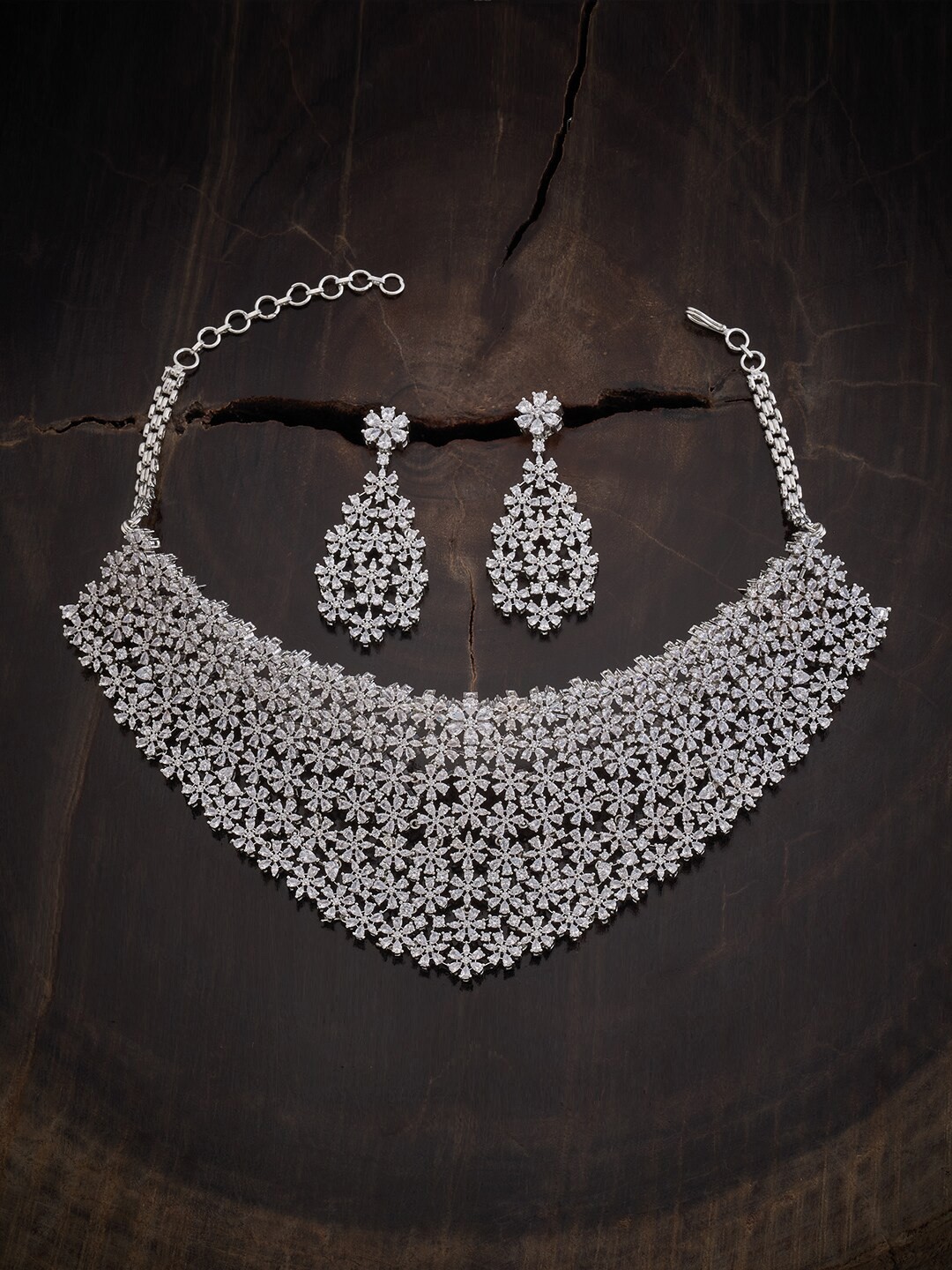 

Kushal's Fashion Jewellery Rhodium-Plated CZ-Studded Jewellery Set, Silver