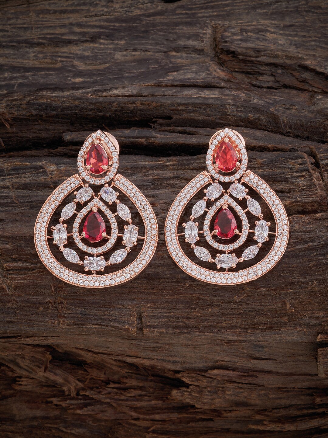 

Kushal's Fashion Jewellery Rose Gold-Plated CZ-Studded Teardrop Shaped Drop Earrings