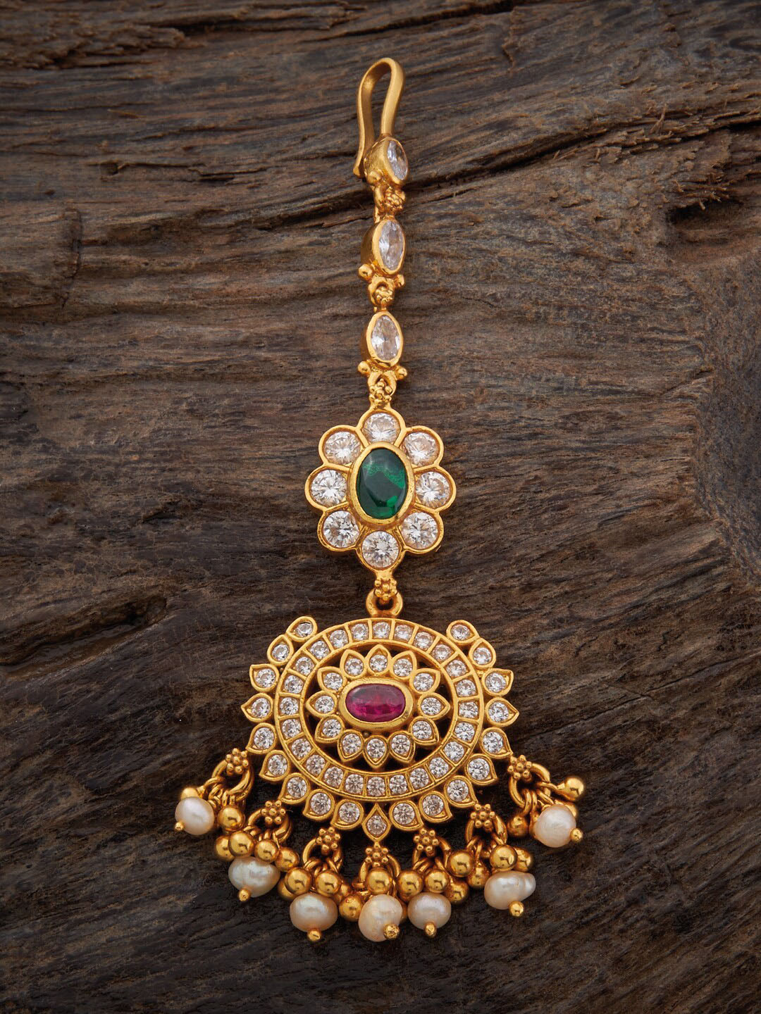 

Kushal's Fashion Jewellery Gold-Plated Stone-Studded 92.5 Pure Silver Maangtikka