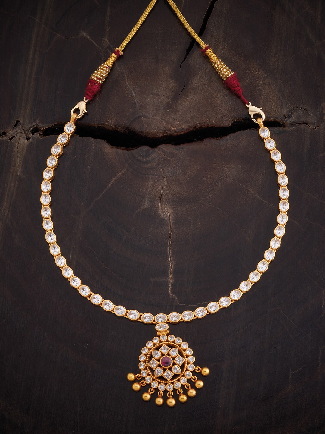 

Kushal's Fashion Jewellery Stone-Studded & Beaded Sterling Silver Necklace, Gold