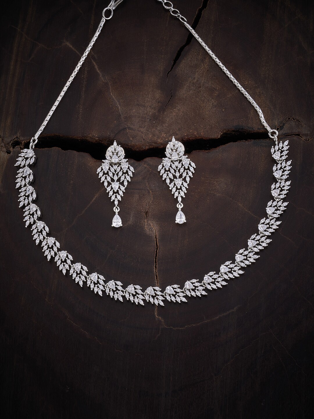 

Kushal's Fashion Jewellery Rhodium-Plated Studded Necklace with Earrings, Silver