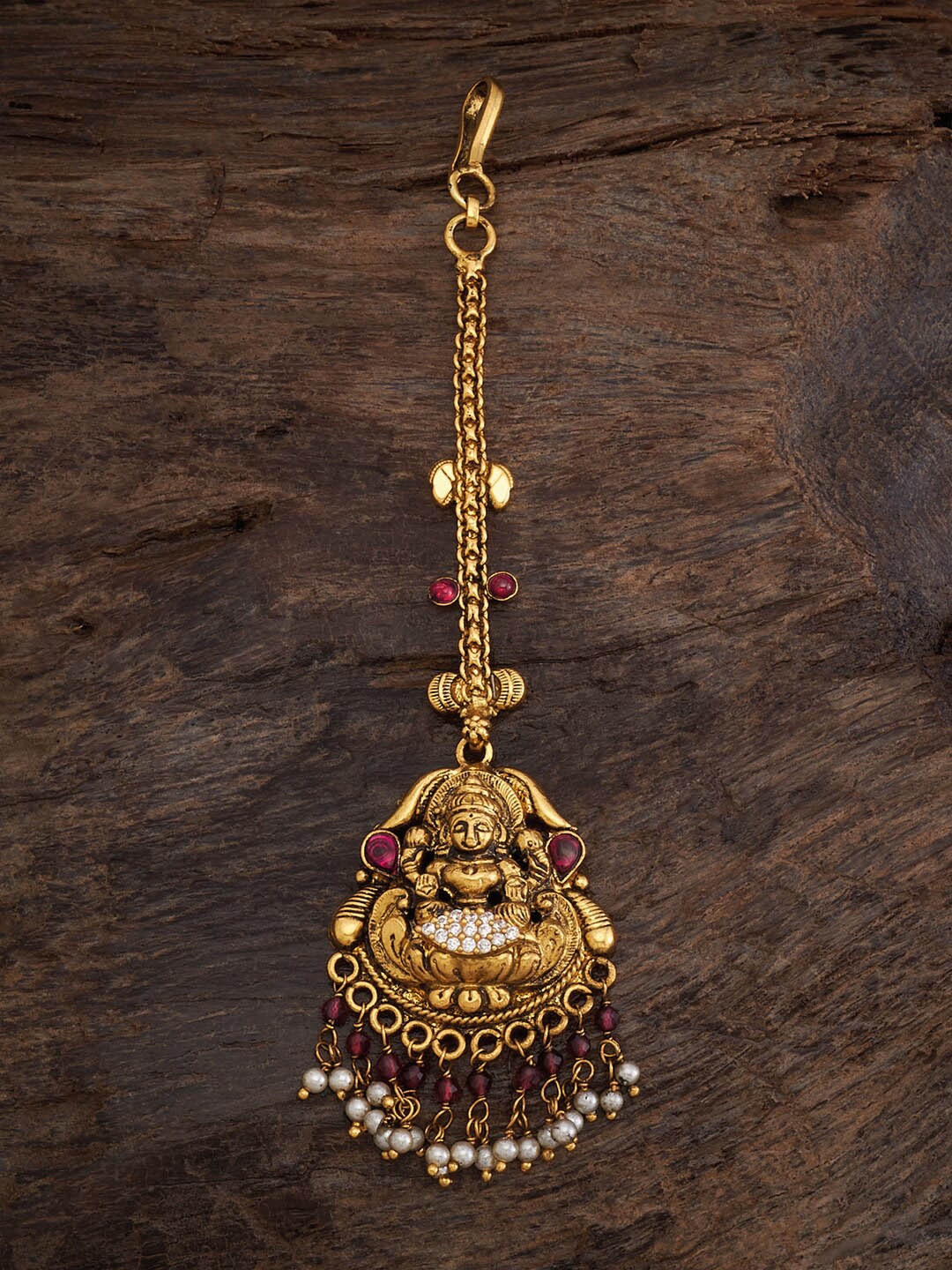 

Kushal's Fashion Jewellery 92.5 Pure SIlver Stone-Studded & Beaded Maang Tikka, Red