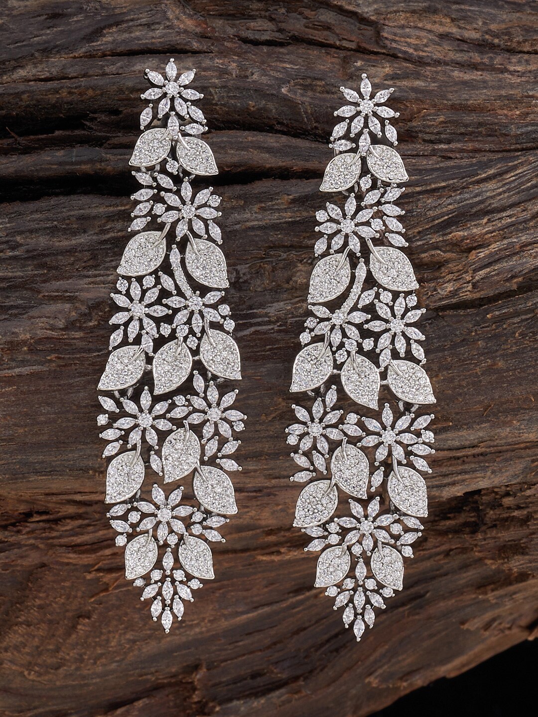 

Kushal's Fashion Jewellery Silver-Plated CZ-Studded leaf Shaped Drop Earrings