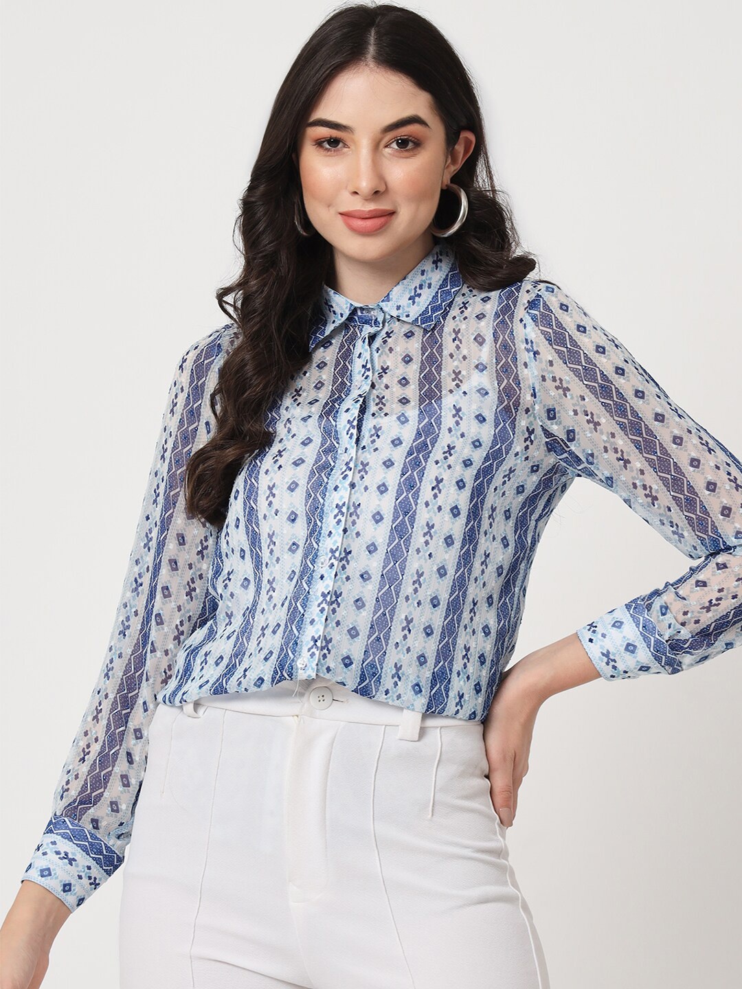 

CUFFS N LASHES Geometric Printed Casual Shirt, Blue