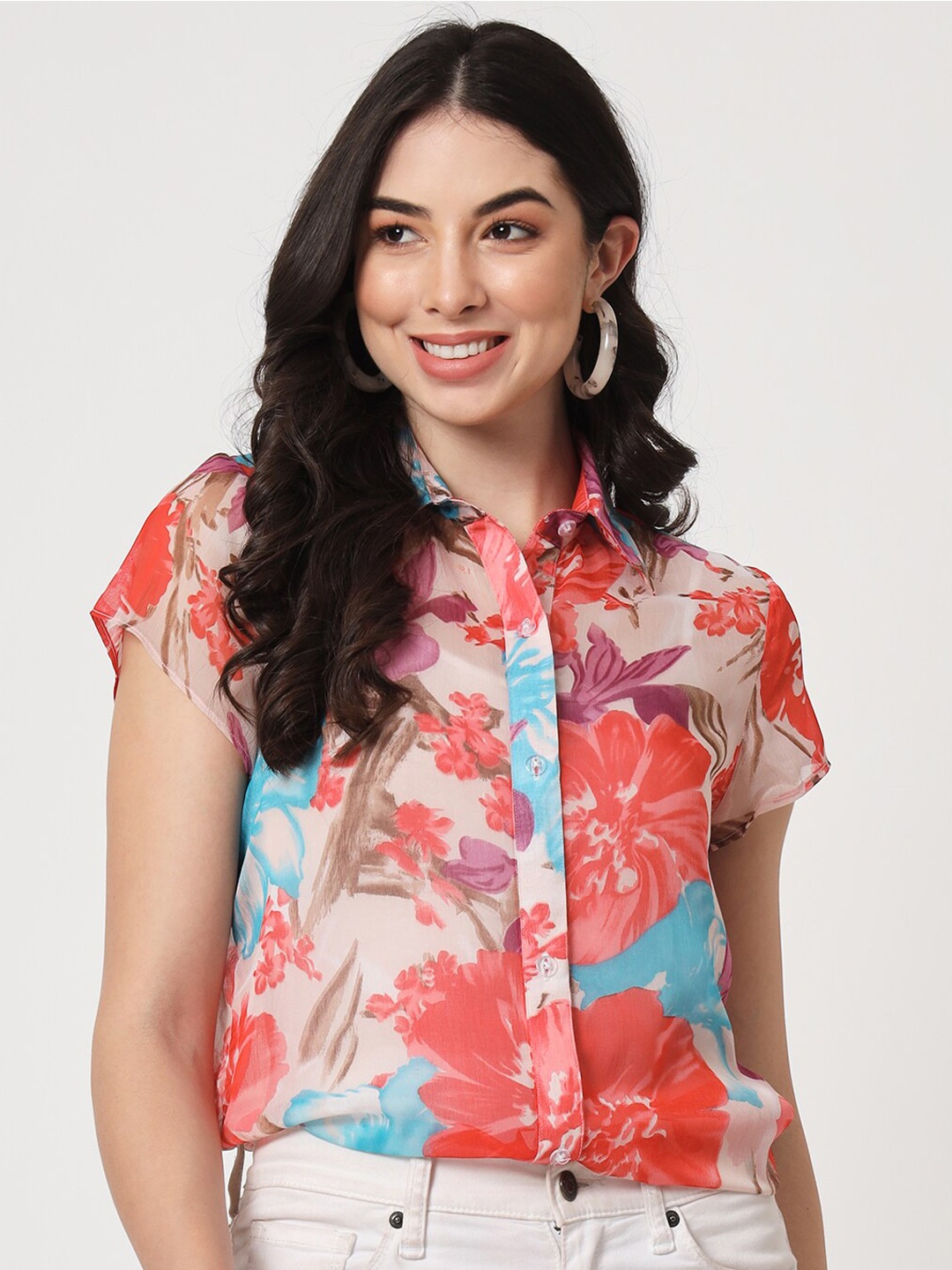 

CUFFS N LASHES Floral Printed Regular Fit Casual Shirt, Peach