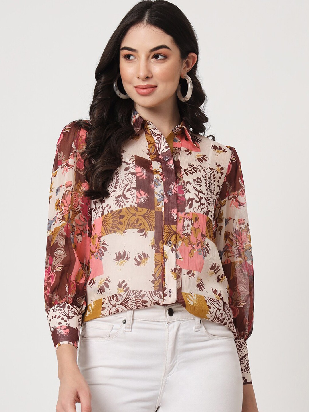 

CUFFS N LASHES Floral Printed Regular Fit Puff Sleeve Casual Shirt, Brown