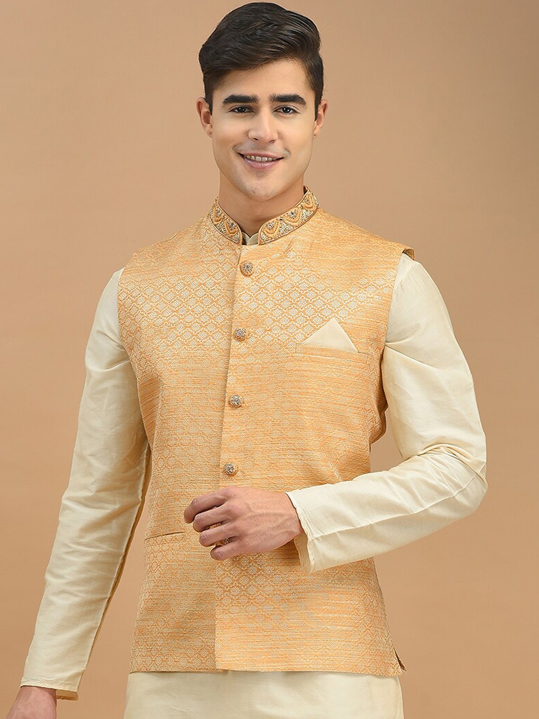 HOUSE OF DEYANN Woven Designed Zari Embroidered Satin Nehru Jacket, Yellow