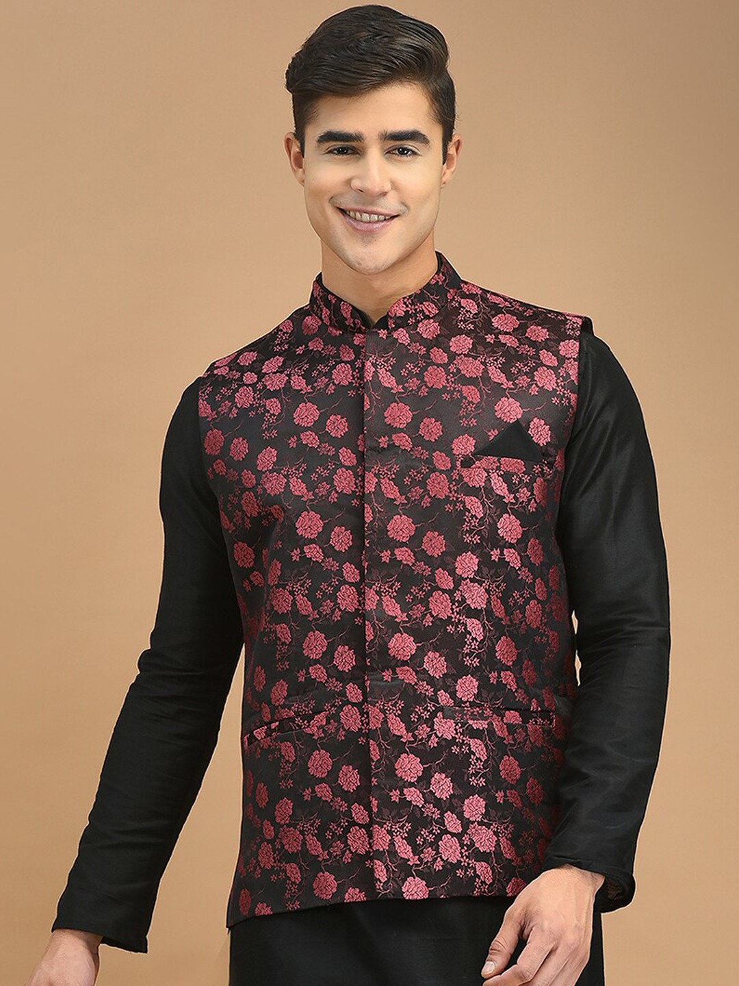 

HOUSE OF DEYANN Woven Designed Woven Nehru Jacket, Red