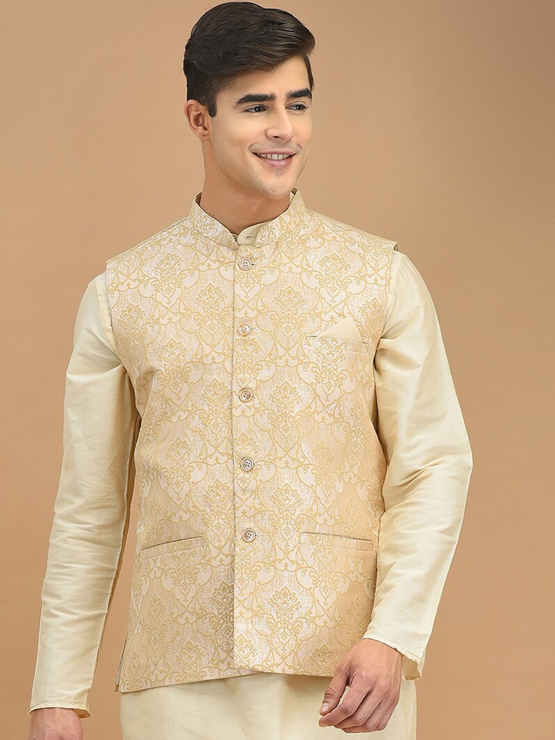 

HOUSE OF DEYANN Woven-Designed Nehru Jackets, Cream
