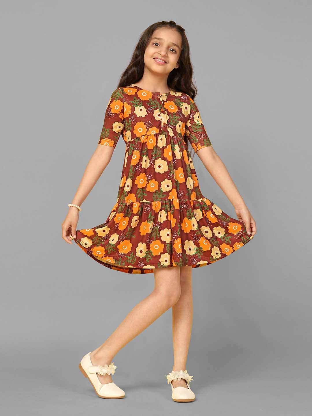 

FASHION DREAM Girls Floral Print Empire Dress, Brown