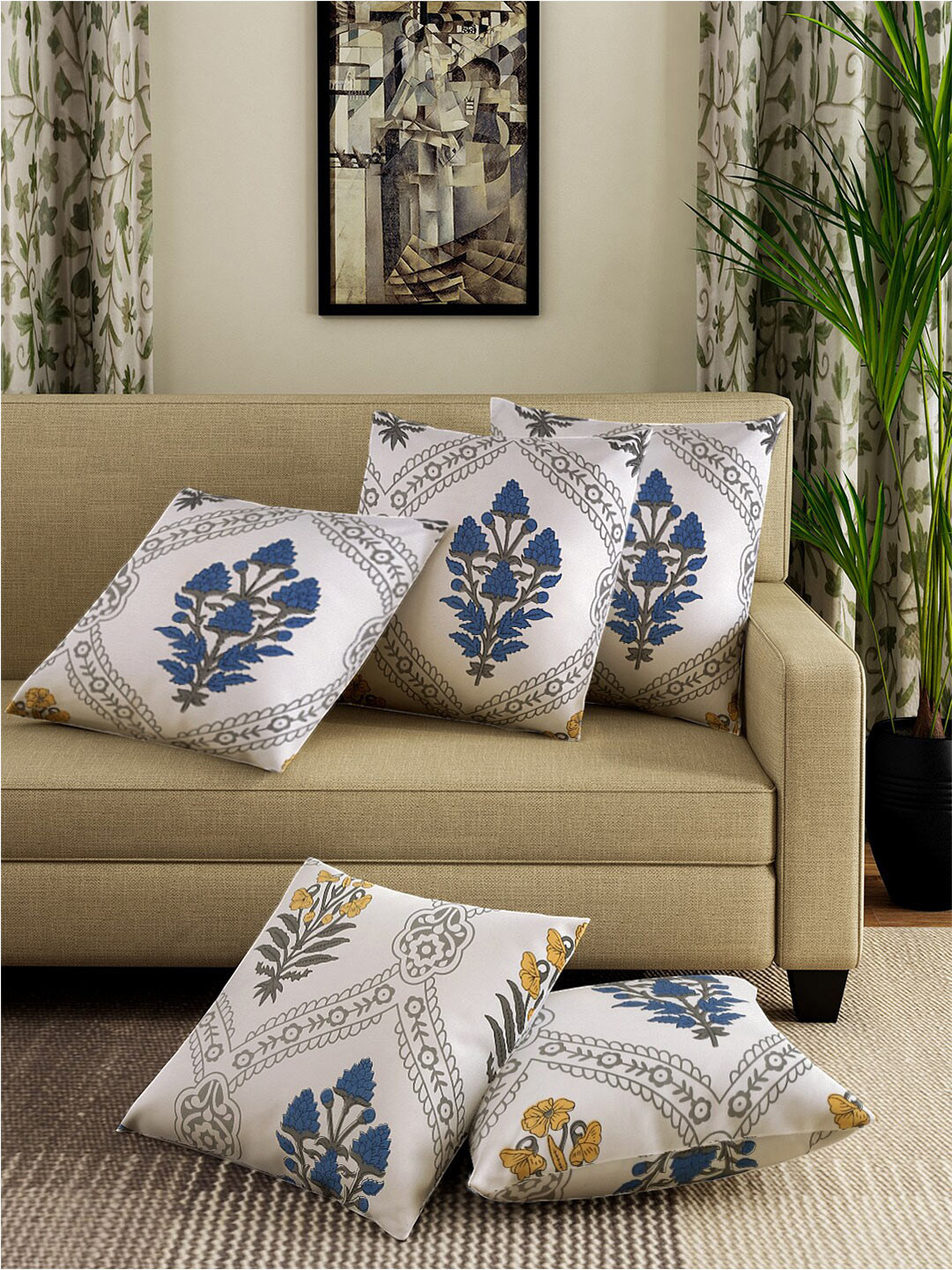 

Sangria White & Blue 5 Pieces Floral Printed Pure Cotton Square Cushion Covers