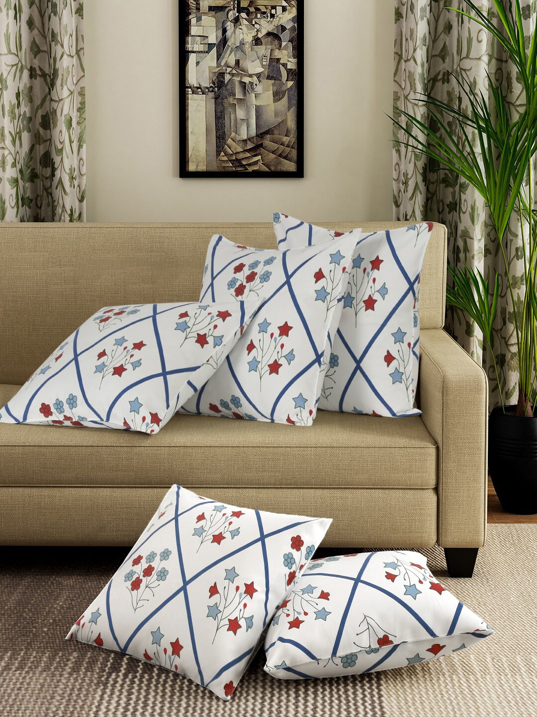 

Sangria White & Blue 5 Pieces Floral Printed Pure Cotton Square Cushion Covers
