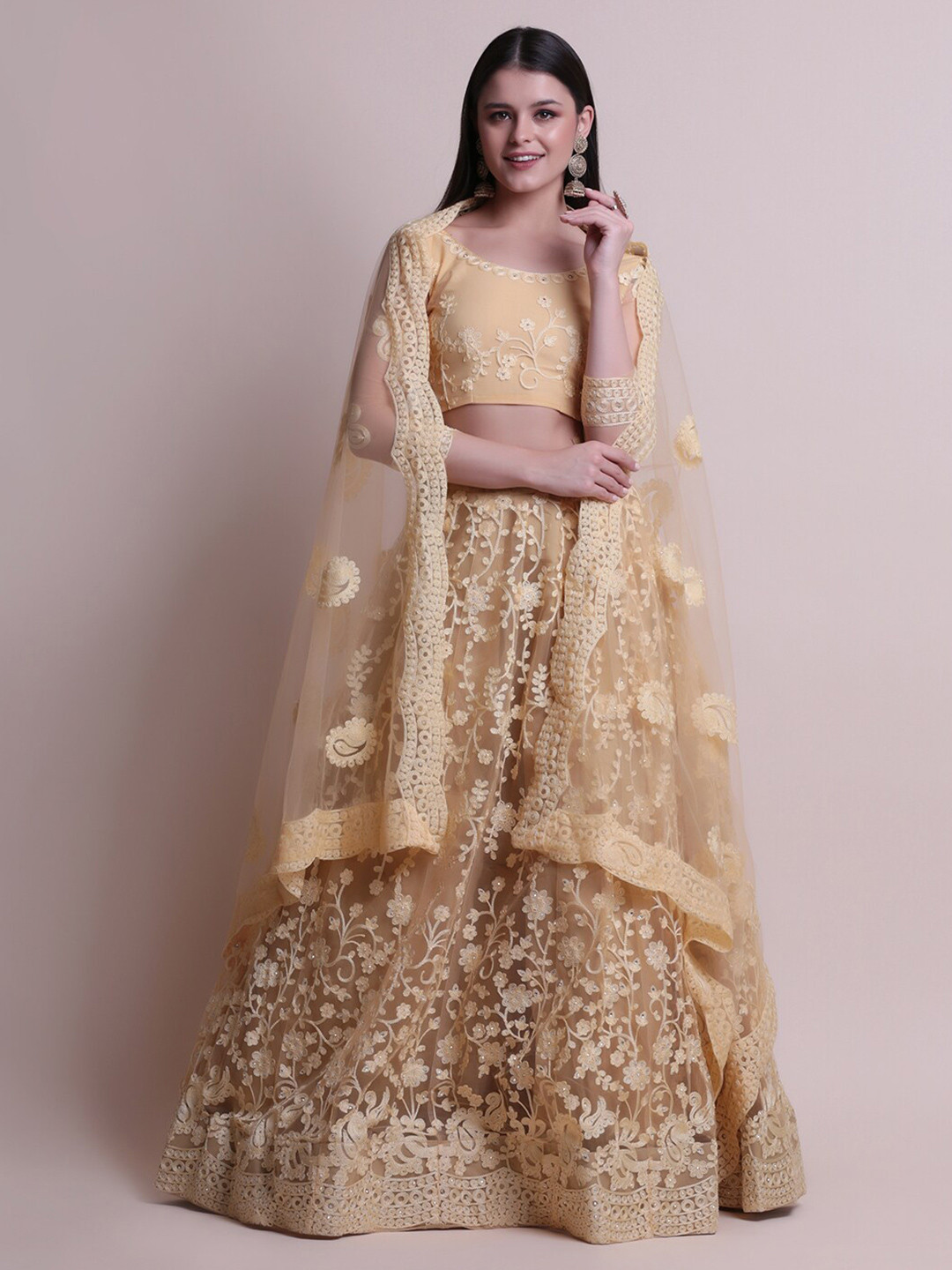 

Atsevam Embroidered Thread Work Semi-Stitched Lehenga & Unstitched Blouse With Dupatta, Cream