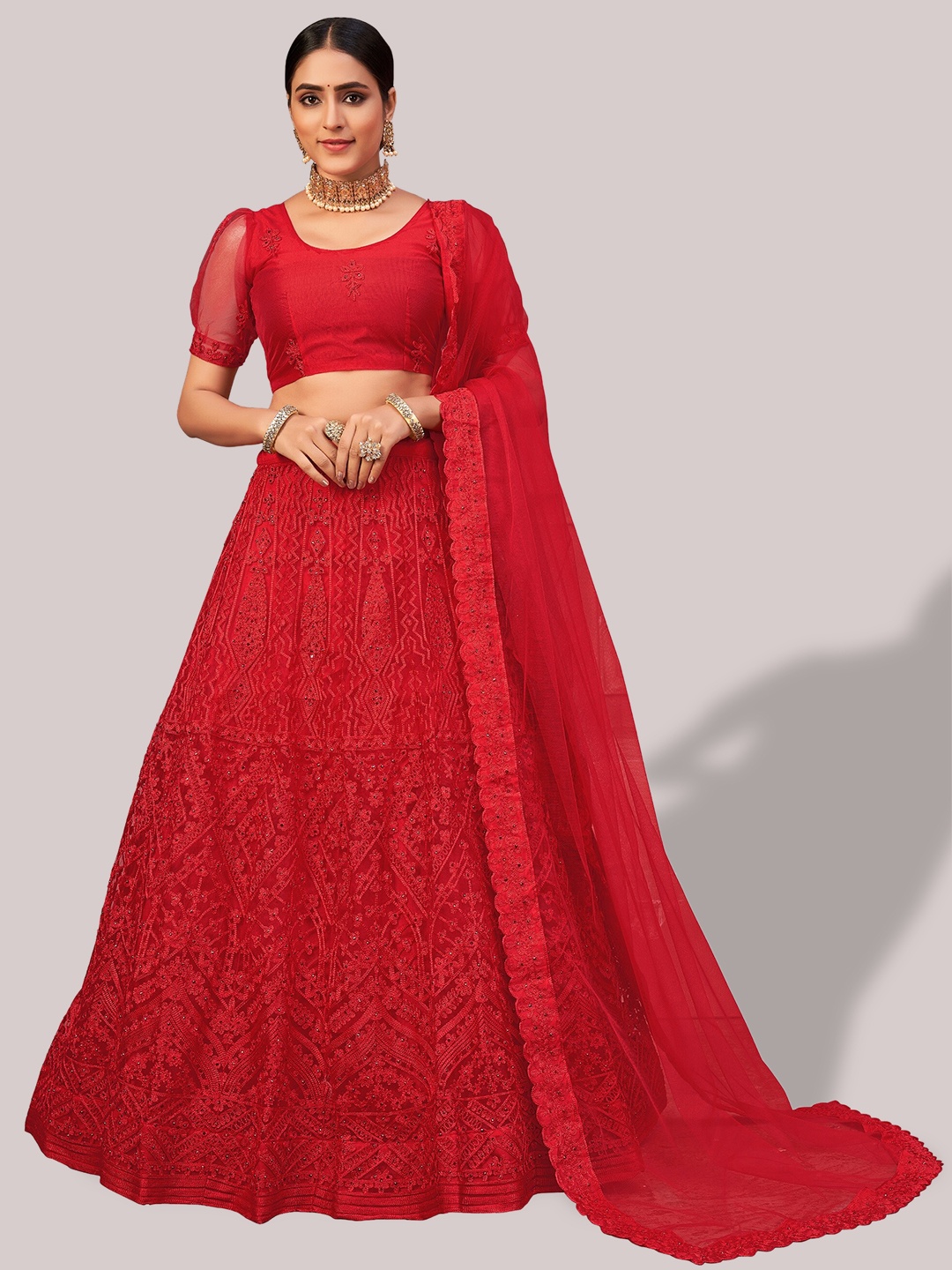 

Atsevam Embroidered Thread Work Semi-Stitched Lehenga & Unstitched Blouse With Dupatta, Red