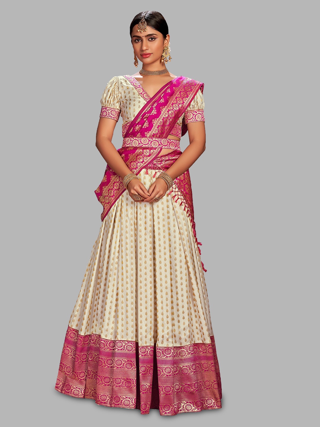 

Atsevam Semi-Stitched Lehenga & Unstitched Blouse With Dupatta, White