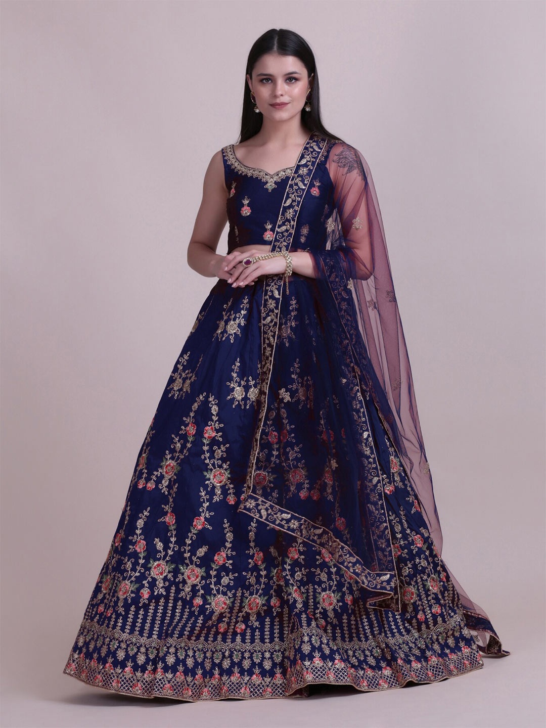 

Atsevam Embroidered Zari Semi-Stitched Lehenga & Unstitched Blouse With Dupatta, Navy blue