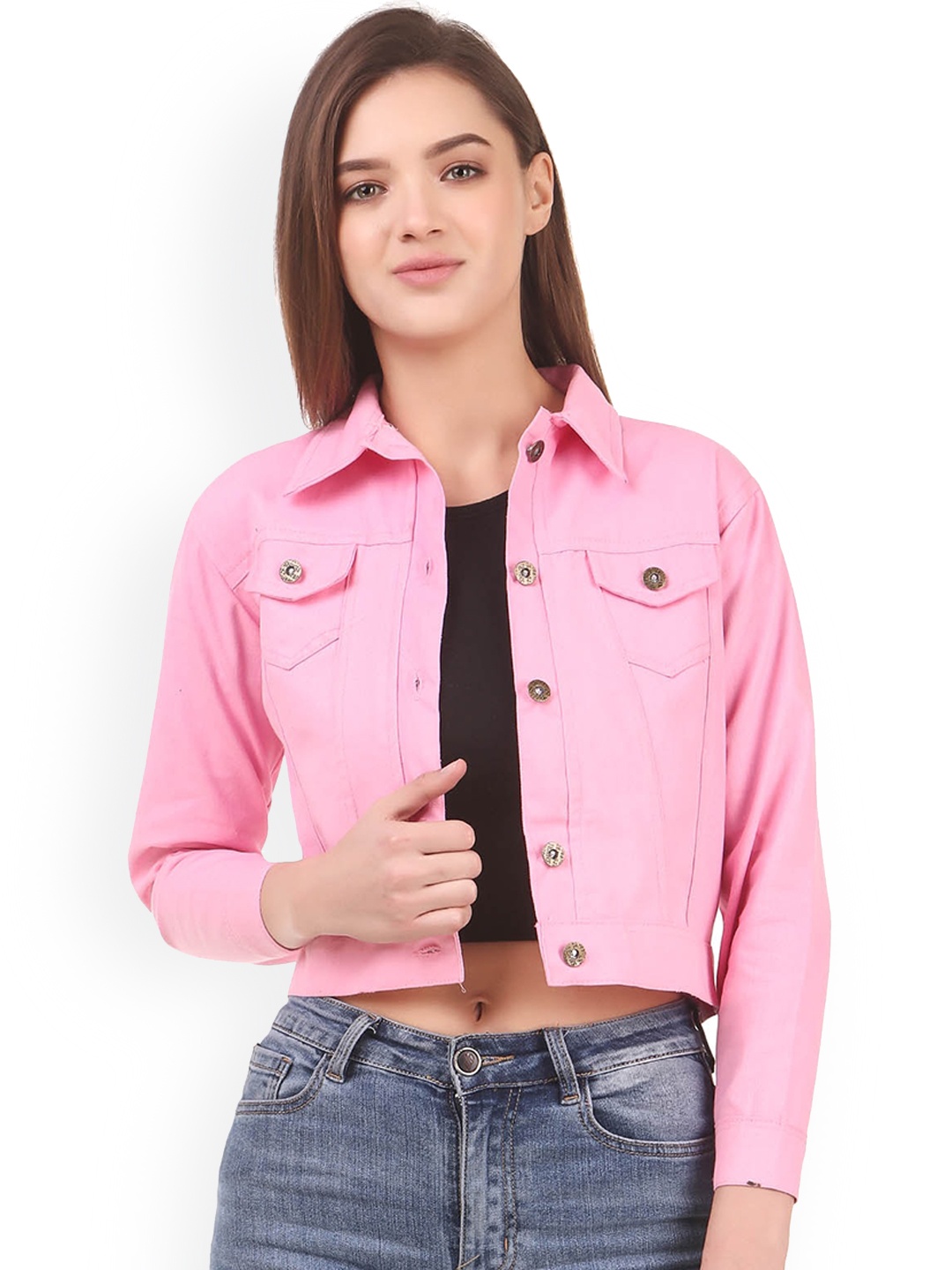 

KASHIAN Spread Collar Lightweight Crop Denim Jacket, Pink