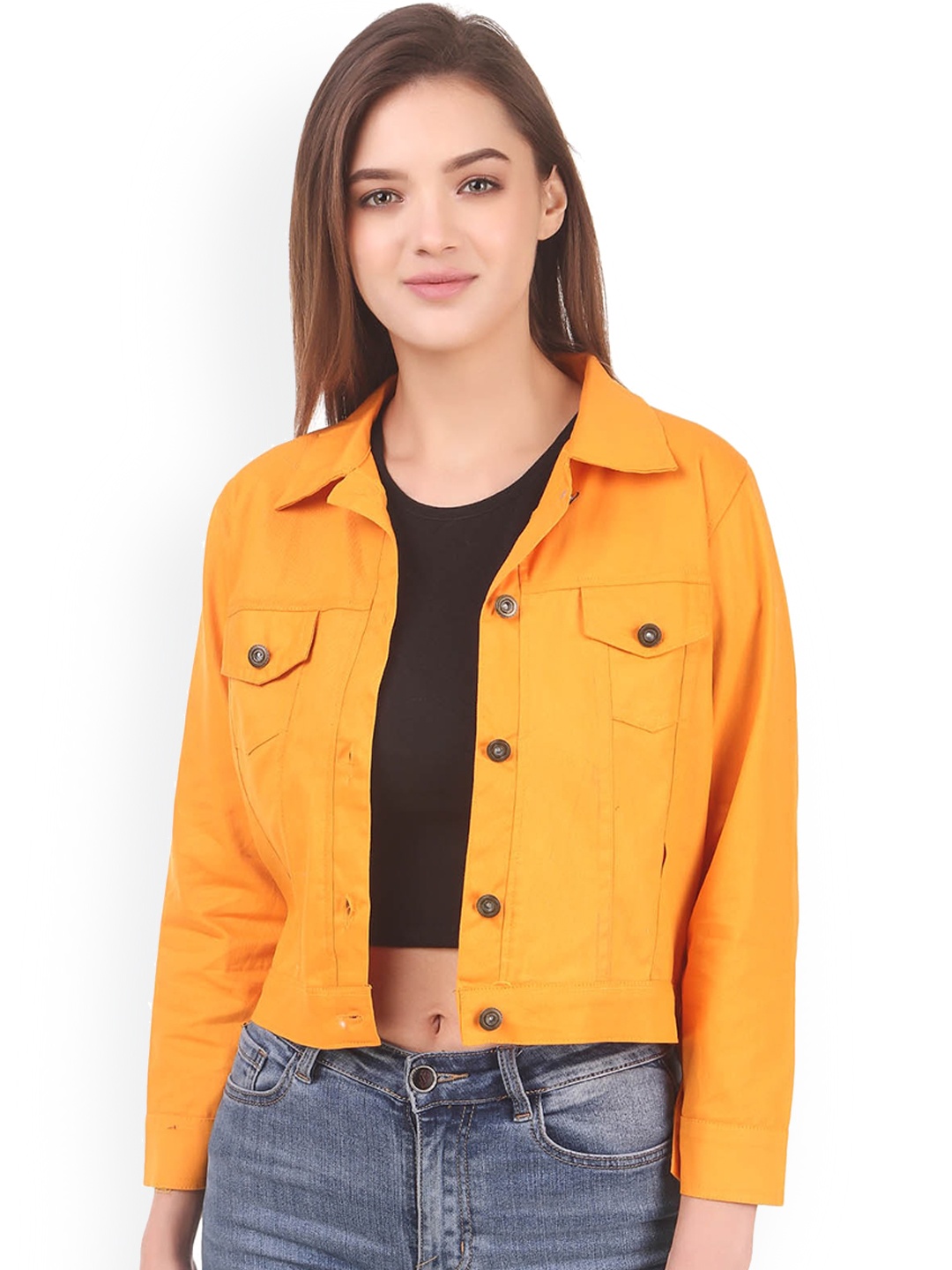 

KASHIAN Spread Collar Lightweight Crop Denim Jacket, Mustard