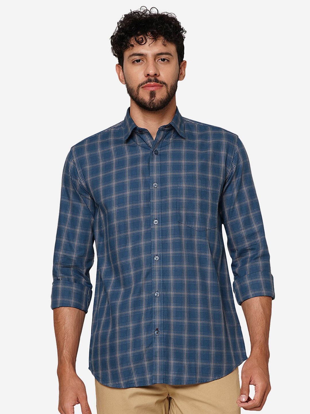 

Greenfibre Checked Spread Collar Pure Cotton Casual Shirt, Blue