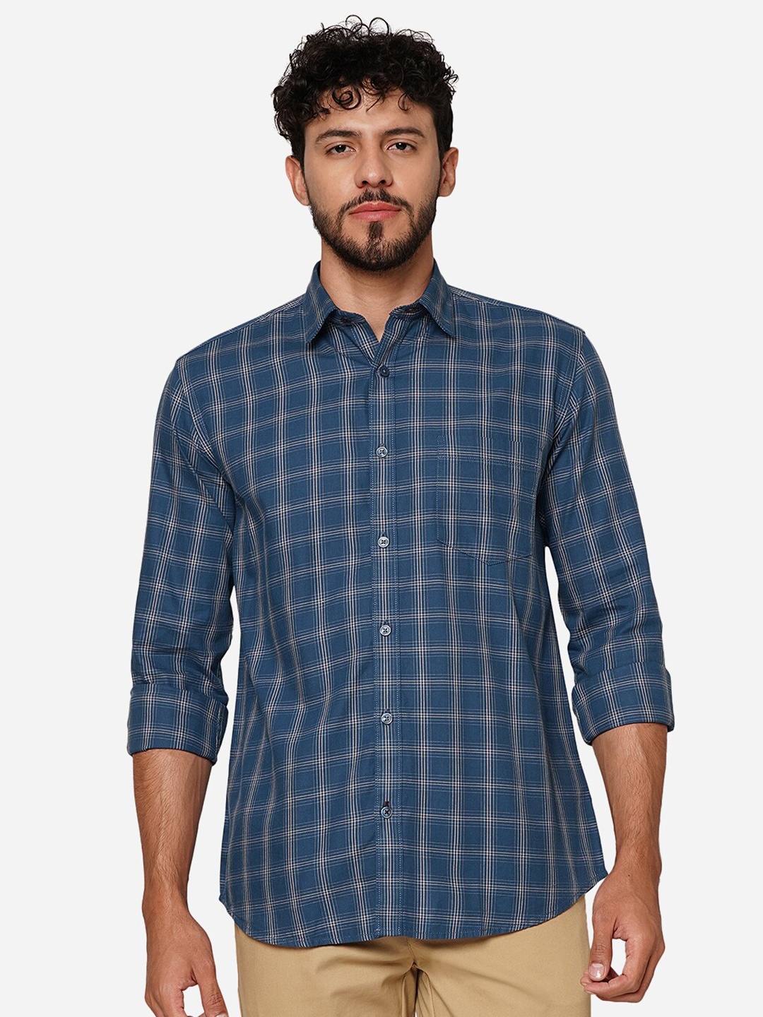 

Greenfibre Checked Spread Collar Pure Cotton Casual Shirt, Blue