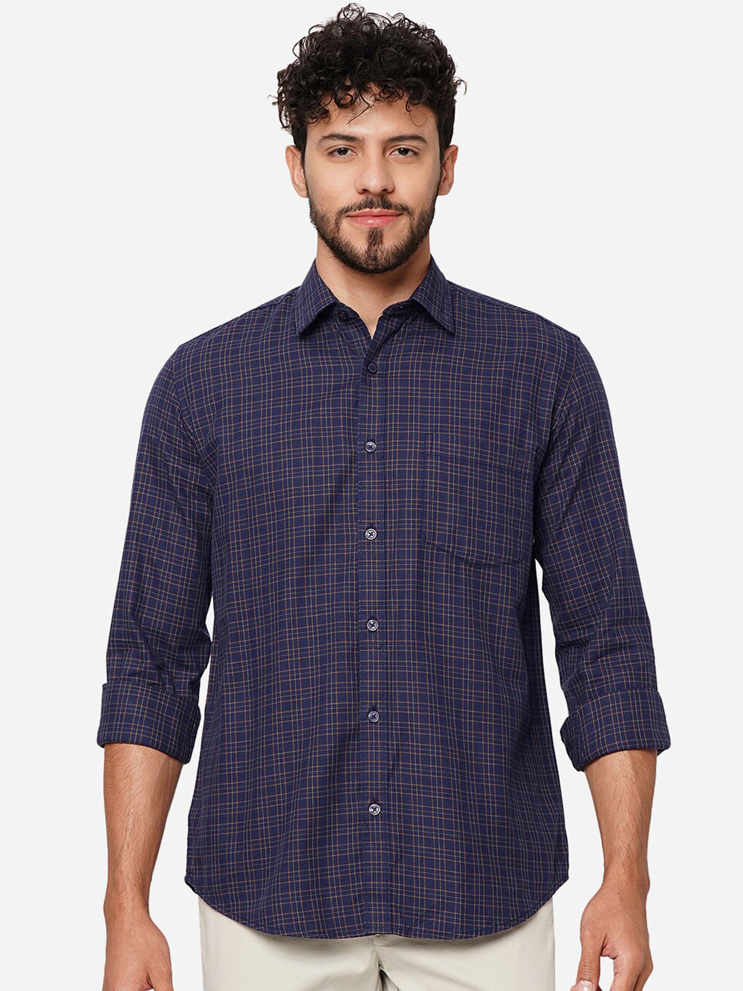 

Greenfibre Checked Spread Collar Pure Cotton Casual Shirt, Blue