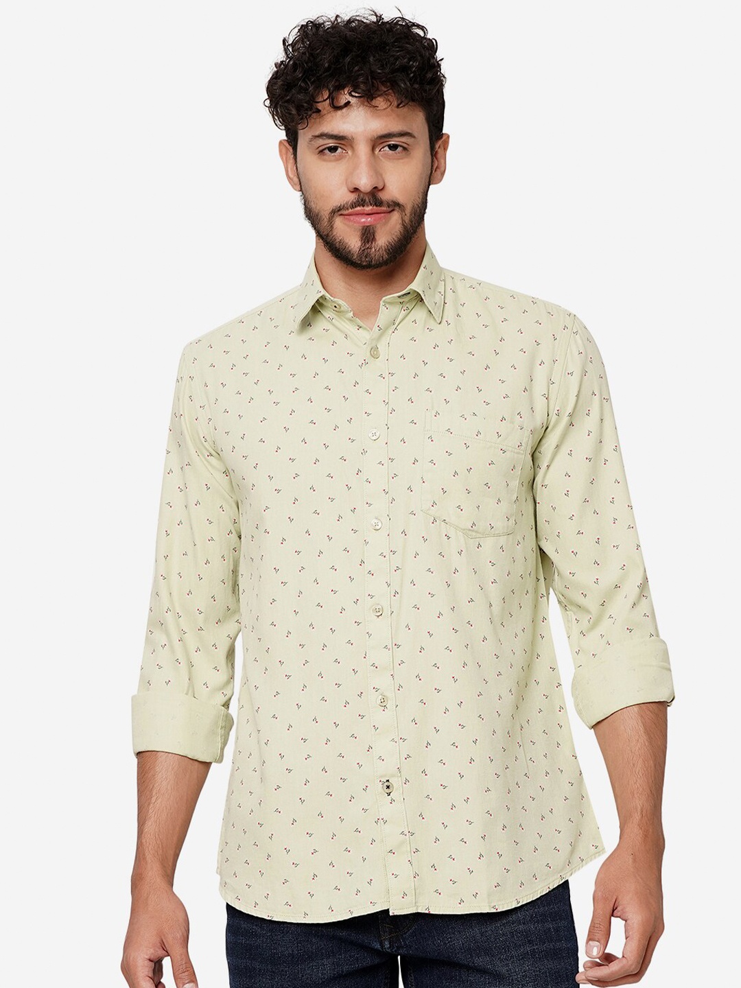 

Greenfibre Floral Printed Spread Collar Pure Cotton Casual Shirt, Green