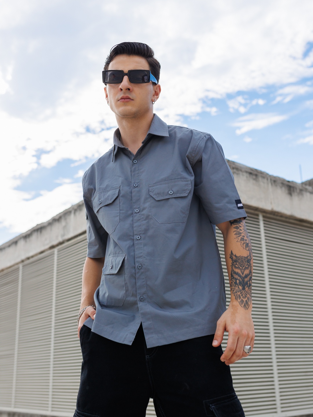 

UNRL Pure Cotton Solid Relaxed Fit Casual Shirt, Grey