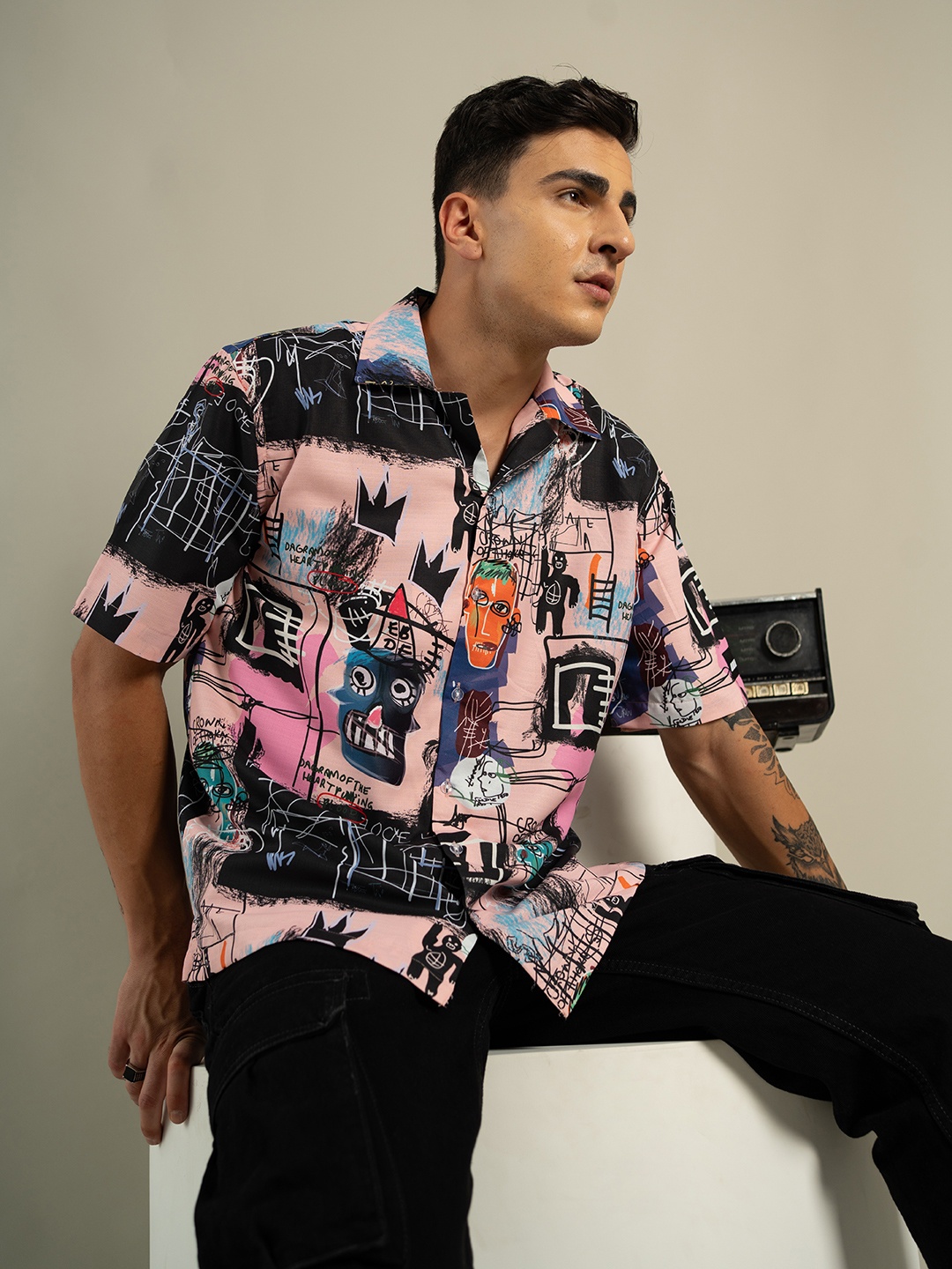 

UNRL Relaxed Graphic Printed Casual Shirt, Pink