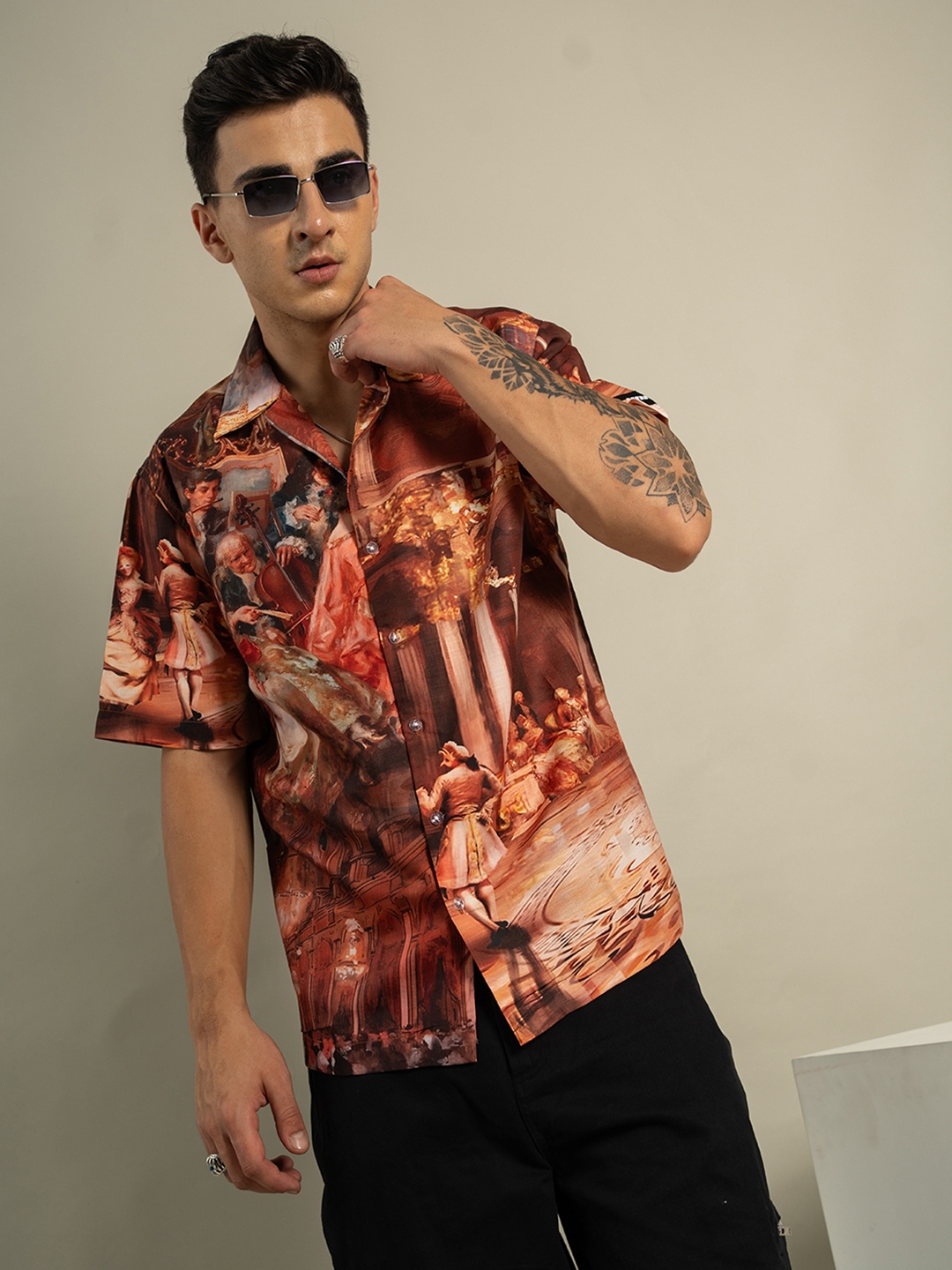 

UNRL Relaxed Graphic Printed Casual Shirt, Rust