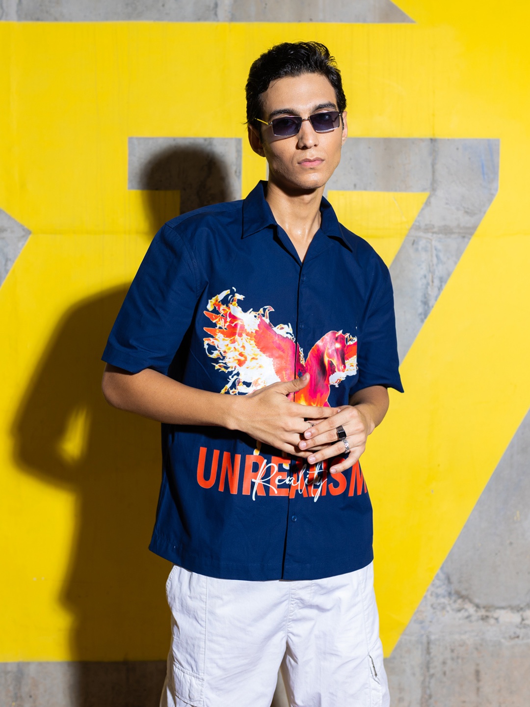 

UNRL Relaxed Graphic Printed Cotton Casual Shirt, Navy blue