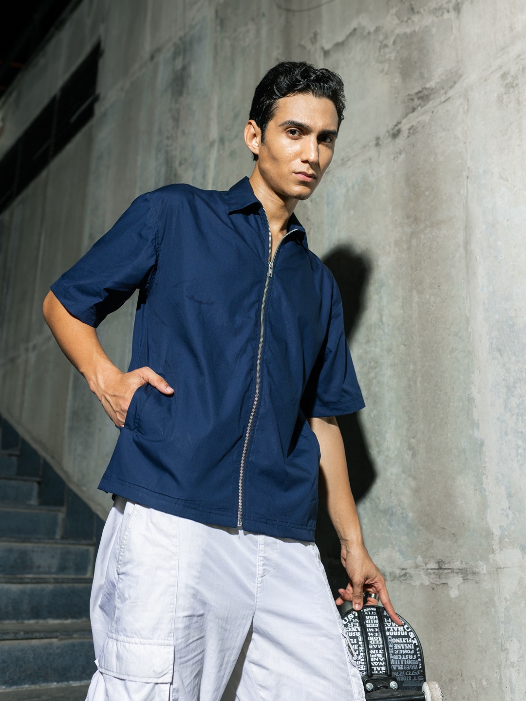 

UNRL Relaxed Graphic Printed Cotton Casual Shirt, Navy blue