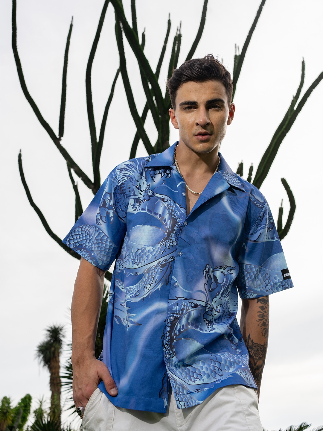 

UNRL Relaxed Graphic Printed Casual Shirt, Blue