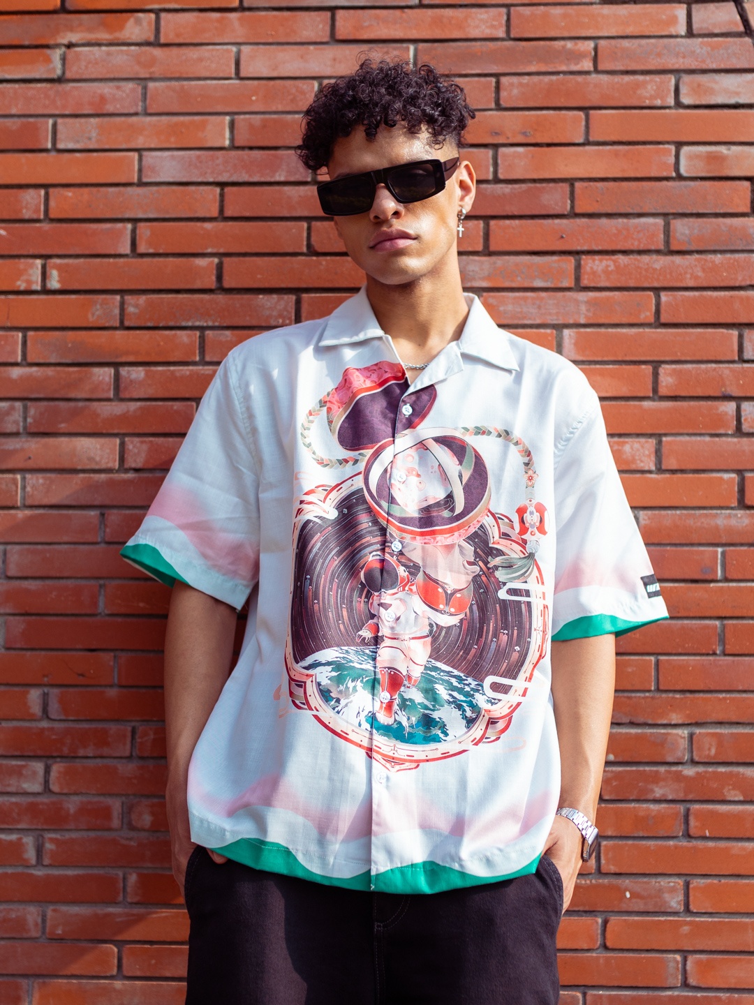 

UNRL Cuban Collar Graphic Printed Relaxed Fit Casual Shirt, Off white