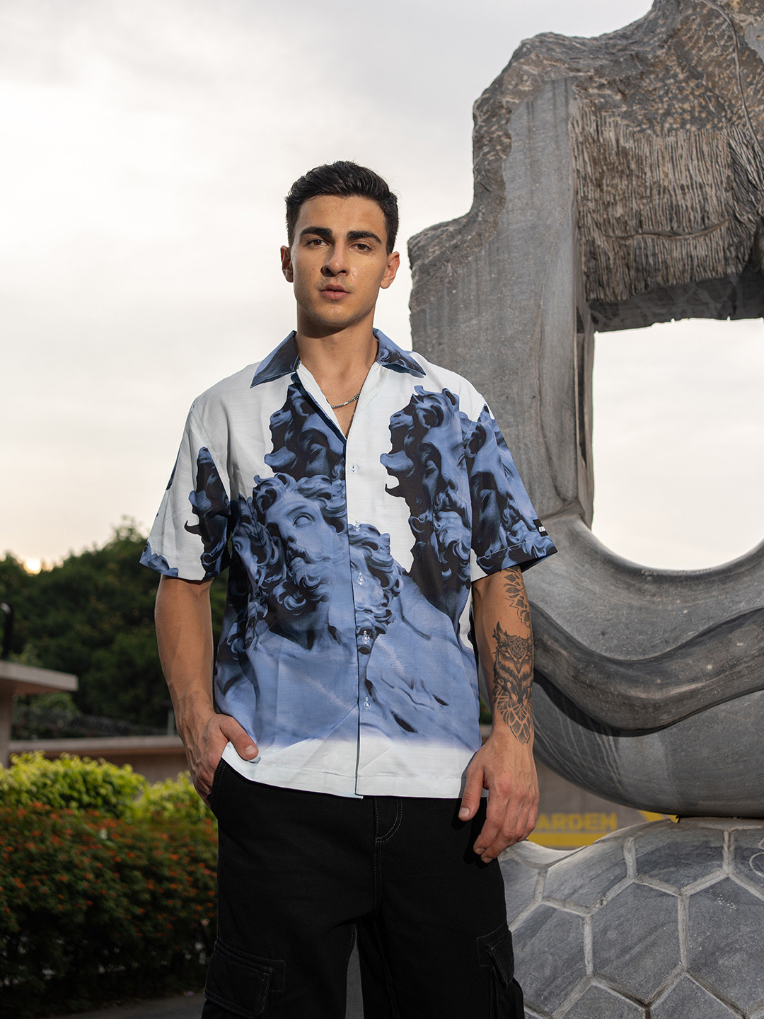 

UNRL Relaxed Printed Cuban Collar Casual Shirt, Navy blue