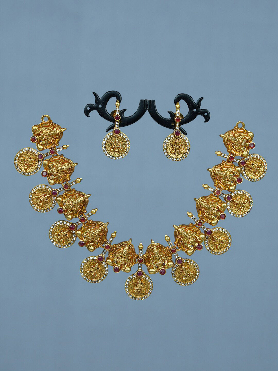 

Diksha collection Gold-Plated Stone Studded Temple Jewellery Set