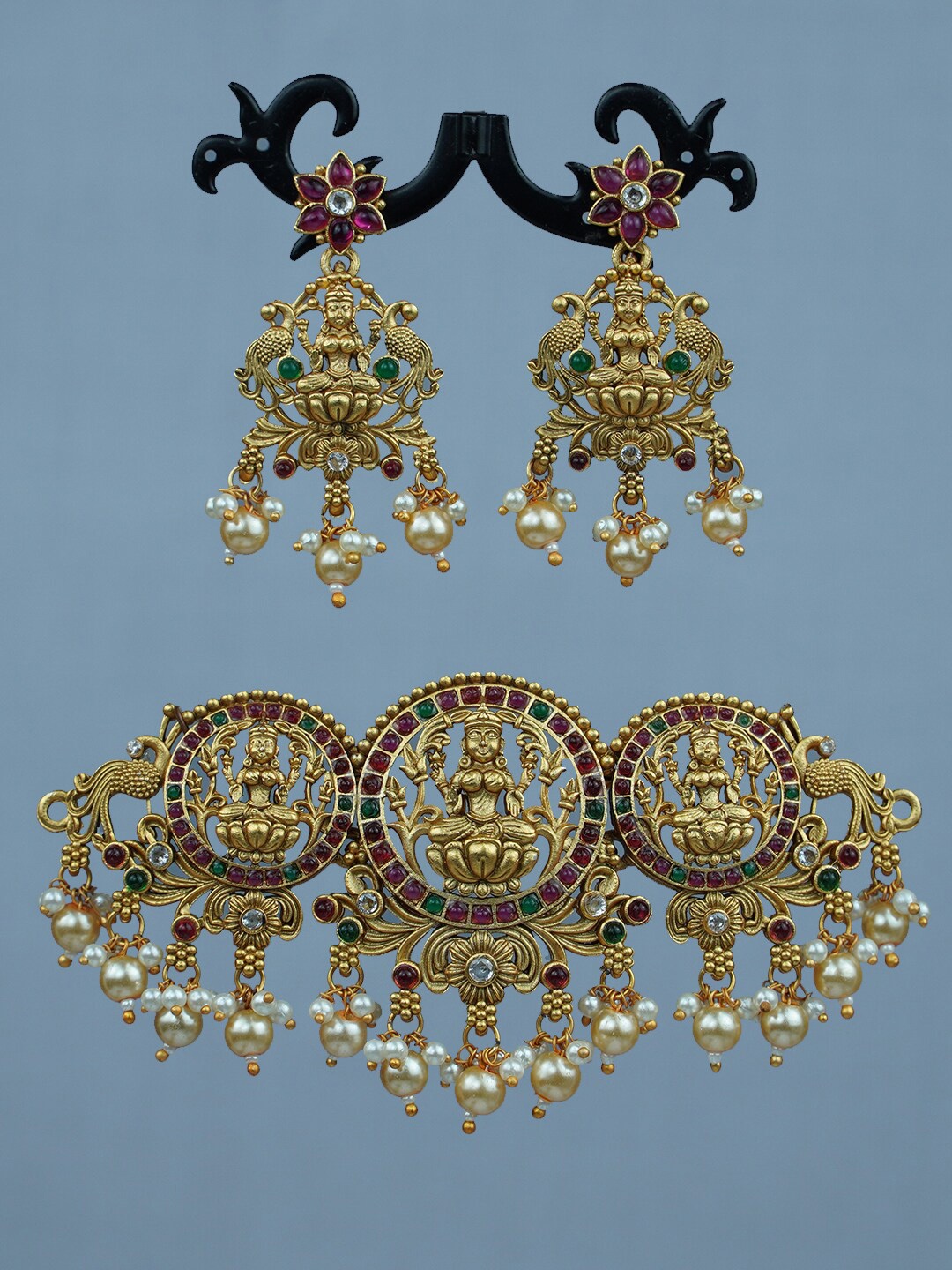 

Diksha collection Gold-Plated Stone Studded & Beaded Temple Jewellery Set