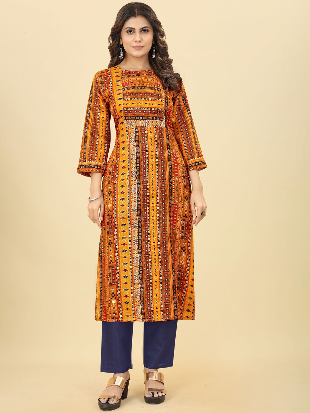 

KALINI Geometric Printed Regular Kurta With Trousers, Yellow