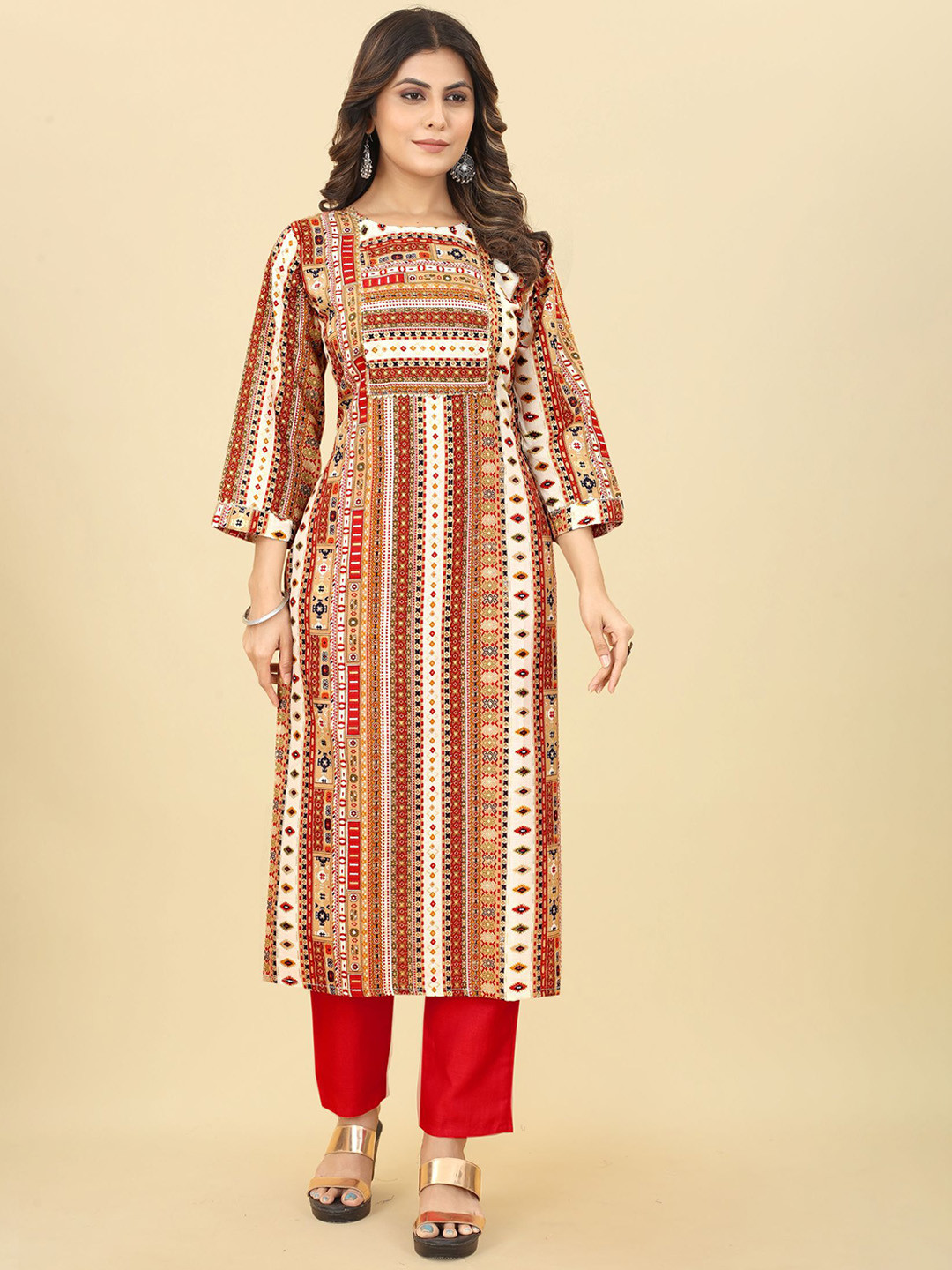 

KALINI Geometric Printed Regular Kurta With Trousers, Cream