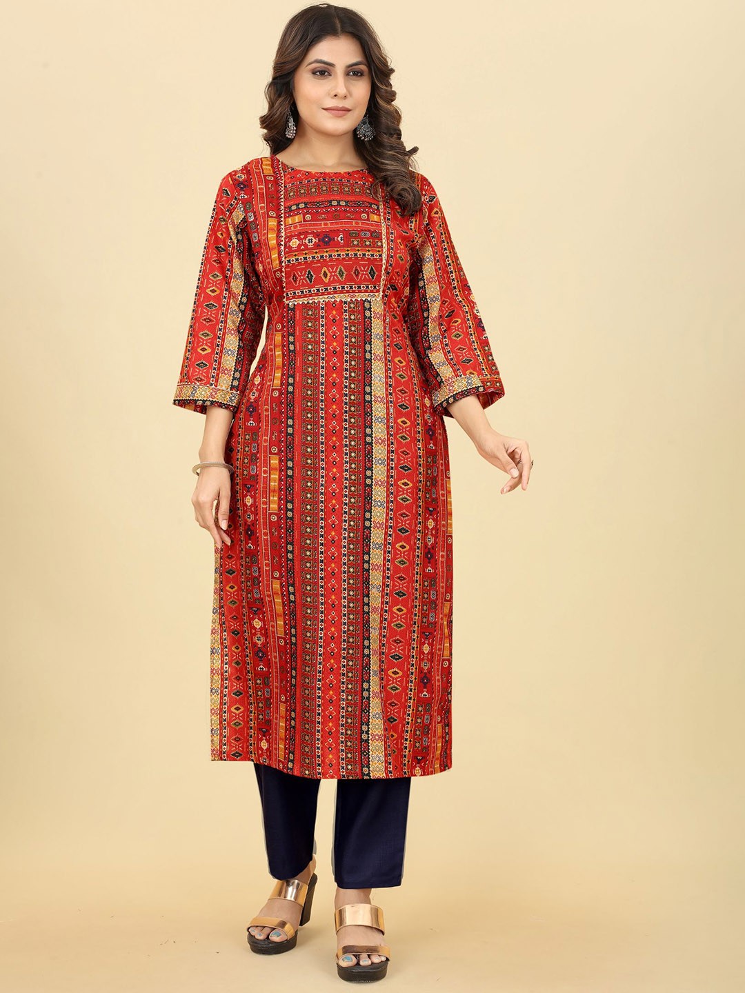 

KALINI Geometric Printed Regular Kurta With Trousers, Red